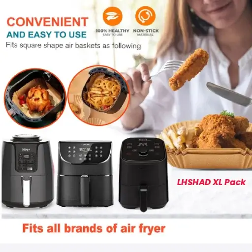 A multi-brand compatibility chart showing how a square air fryer liner fits into Ninja, Cosori, and Instant Pot models.
