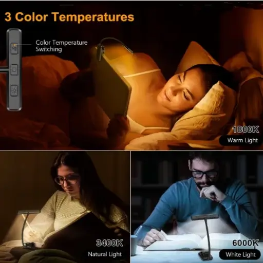 5 Best Rechargeable Book Light for Reading in Bed: Protect Your Cozy Night Rituals 5 A woman reading in bed with Gritin 19 LED book light using 1800K amber warm light, 3400K natural light, and 6000K white light options.