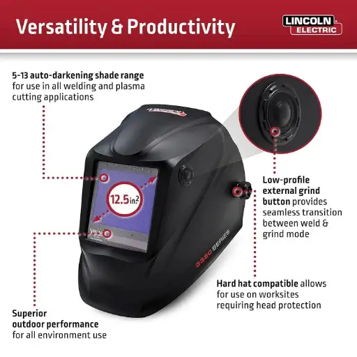 Best Welding Helmet vs. Flip-Up Face Shield Options: How to Focus on on Excellent Protection for 2 Different Welding Methods? 3 Lincoln Electric VIKING 3350 auto-darkening welding helmet and flip-up face shield with 12.5 square inch view area and external grind button.