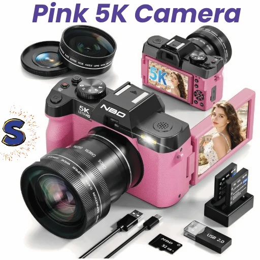 true-5k-64mp-digital-camera-pink Affordable 5K vlogging camera in pink color with smartphone compatibility and flip screen.