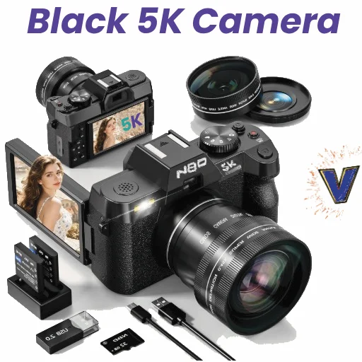 true-5k-digital-camera-black True 5K vlogging camera in black colors with included macro lens and accessories.