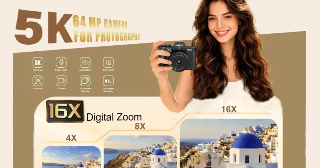 One of the two 5K vlogging cameras shown in black with 64MP for photography and 16X digital zoom.